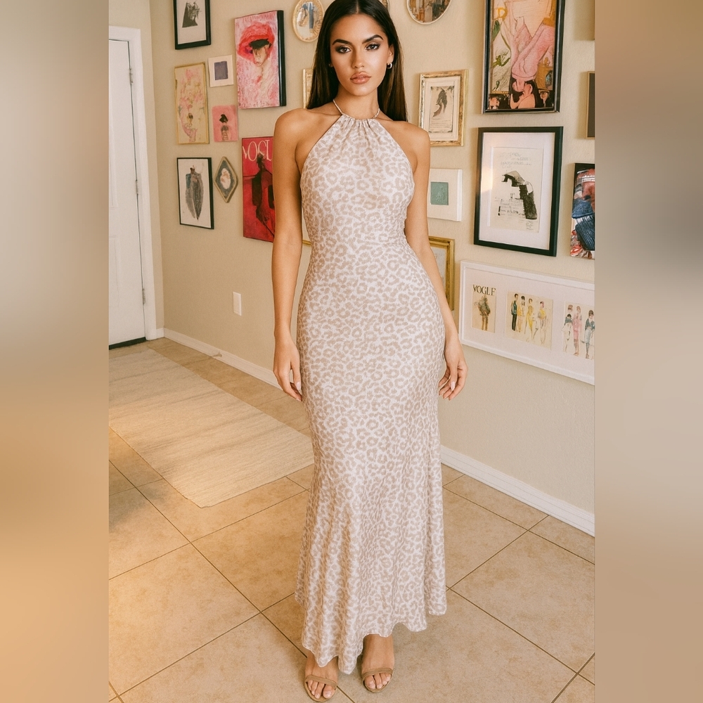 Victoria's Secret Silk Y2K Blue Cream and White Leopard Print Maxi‎ Slip Dress